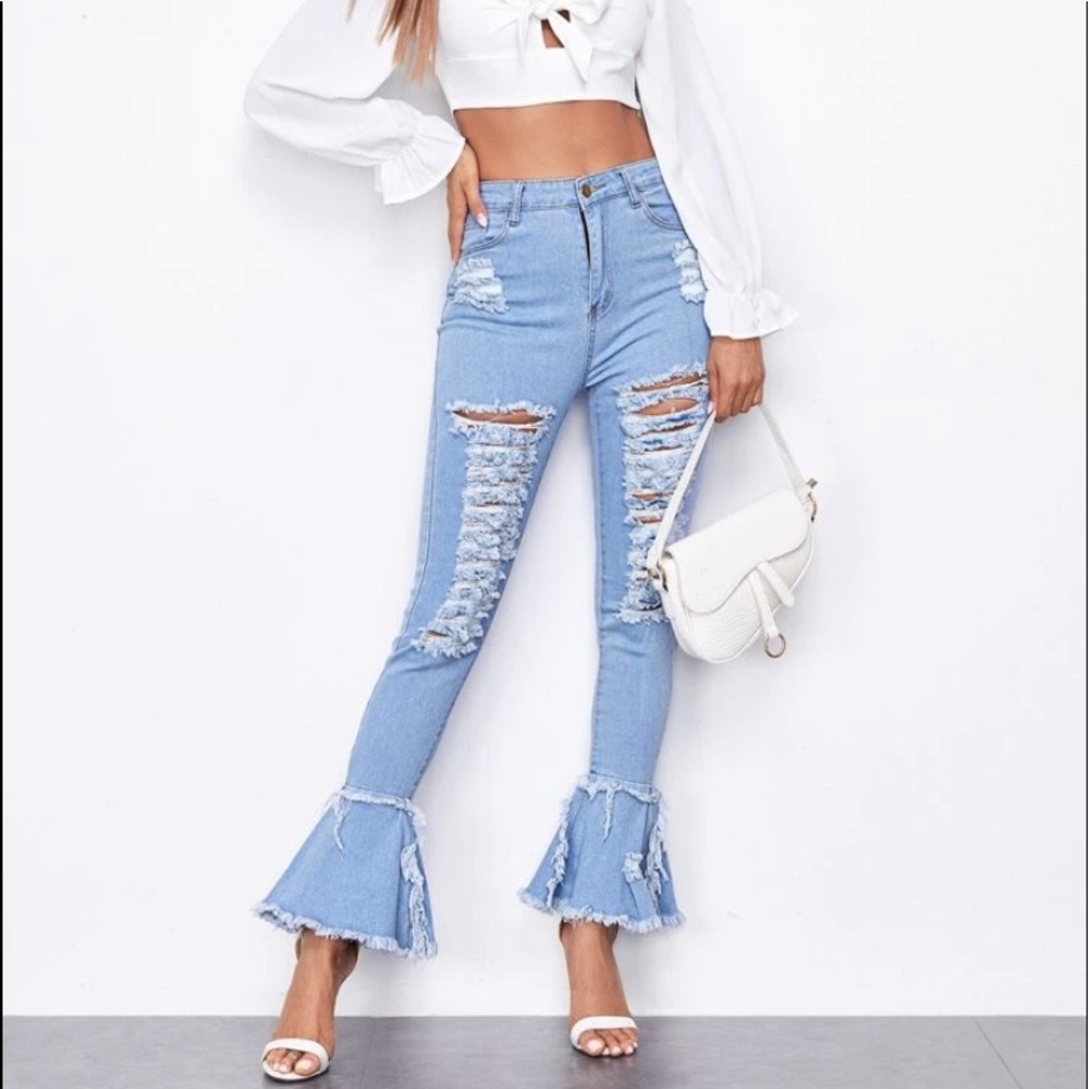 SHEIN | Light Wash Raw Hem Ripped Flare Jeans